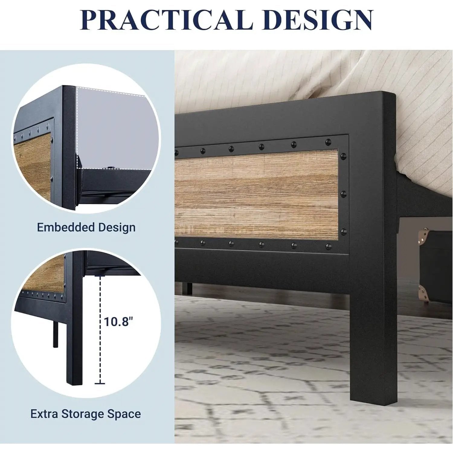 Full Industrial Metal Wood Rivet Platform Bed Frame w/ Headboard and Footboard by HomePacific