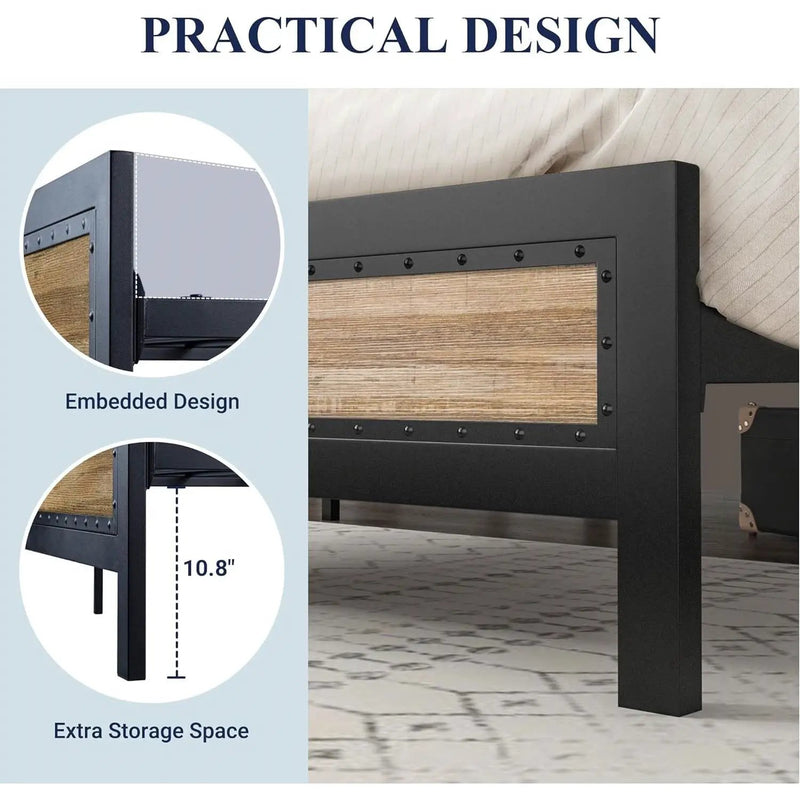 Full Industrial Metal Wood Rivet Platform Bed Frame w/ Headboard and Footboard by HomePacific