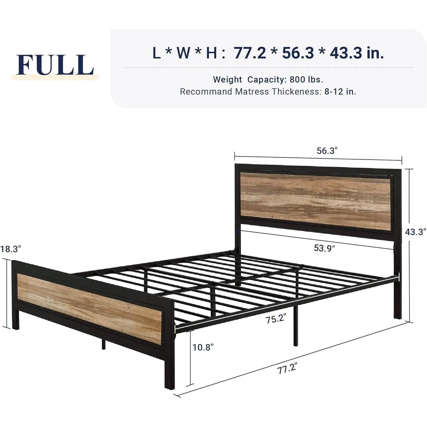 Full Industrial Metal Wood Rivet Platform Bed Frame w/ Headboard and Footboard by HomePacific