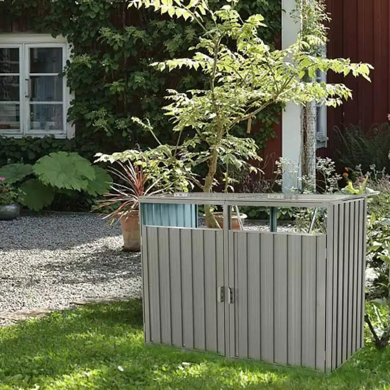 Outdoor Grey Galvanized Steel Garbage Bin Storage Shed - Holds 2 Trash Cans by HomePacific