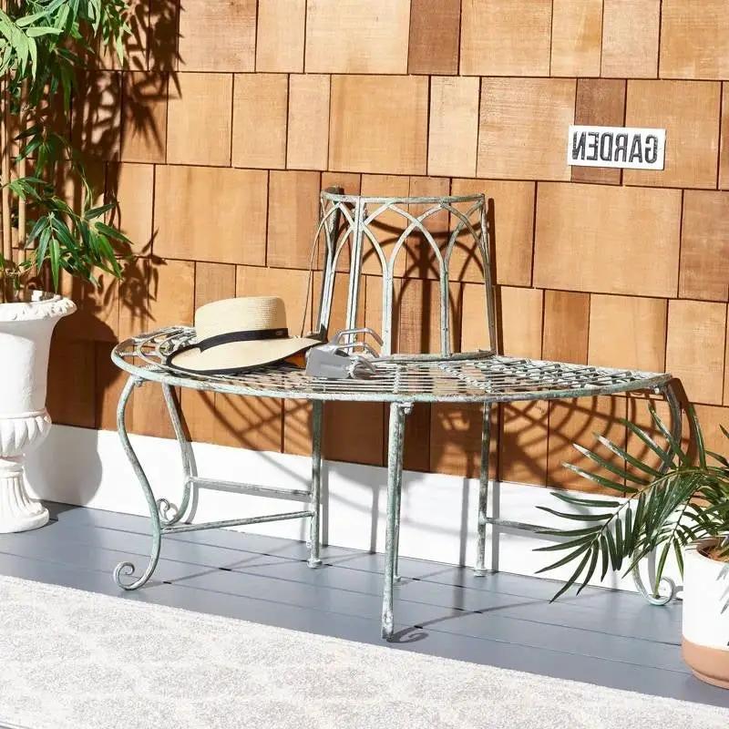 Half-Circle Outdoor Patio Garden Wrought Iron Tree Bench in Antique Green by HomePacific