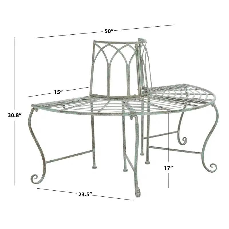 Half-Circle Outdoor Patio Garden Wrought Iron Tree Bench in Antique Green by HomePacific