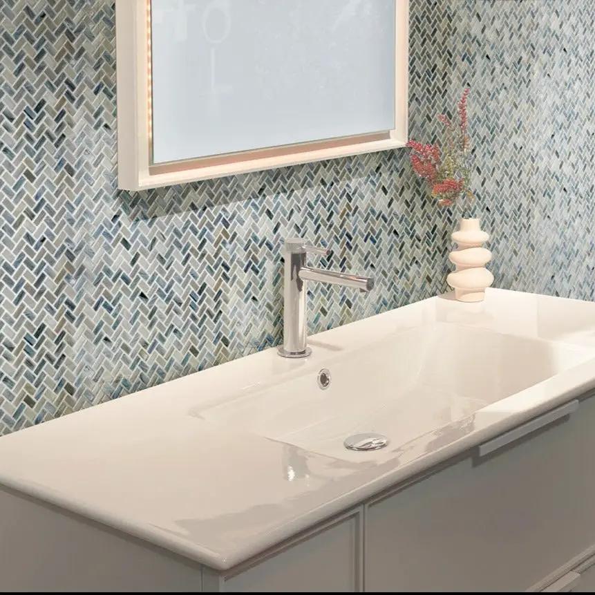Blue Gray 12x12 Glossy Herringbone Glass Mosaic Tile (10 pack, 9.75 sq ft/case) by Apollo Tile