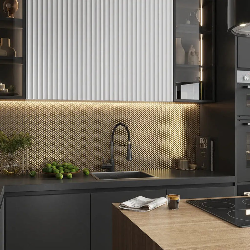 Gold 12x12 Glossy Herringbone Glass Mosaic Tile (10 pack, 9.75 sq ft/case) by Apollo Tile