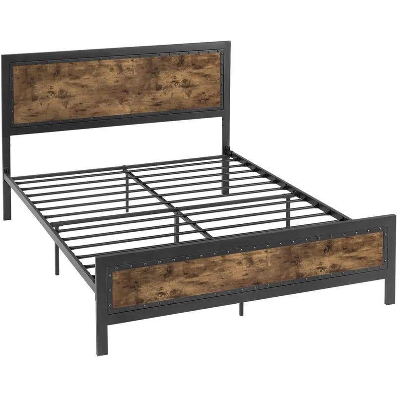 Full Industrial Rivet Platform Bed Frame with Headboard in Rustic Wood Finish by HomePacific