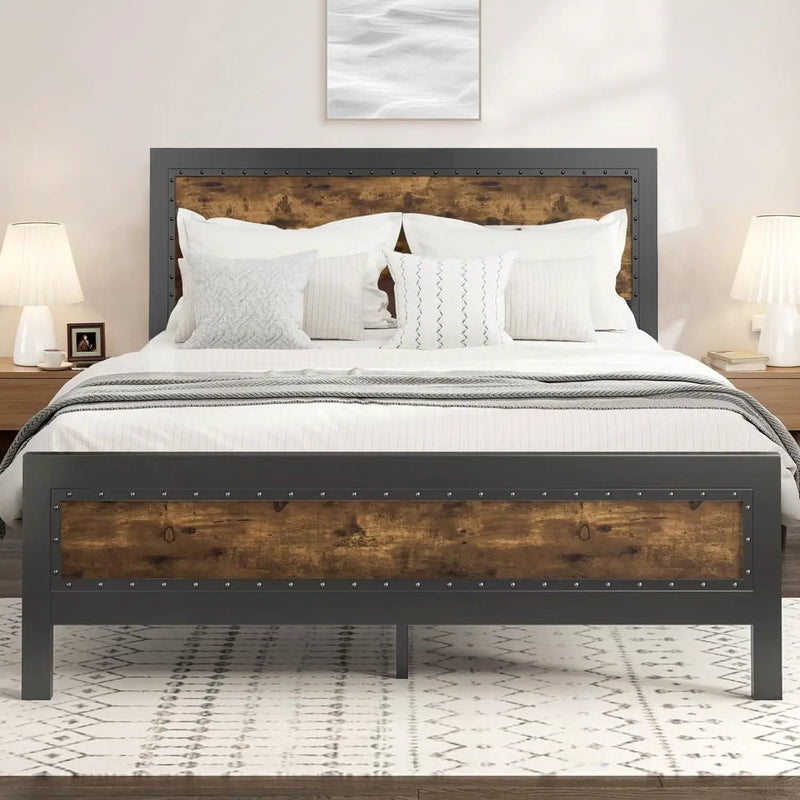 Full Industrial Rivet Platform Bed Frame with Headboard in Rustic Wood Finish by HomePacific