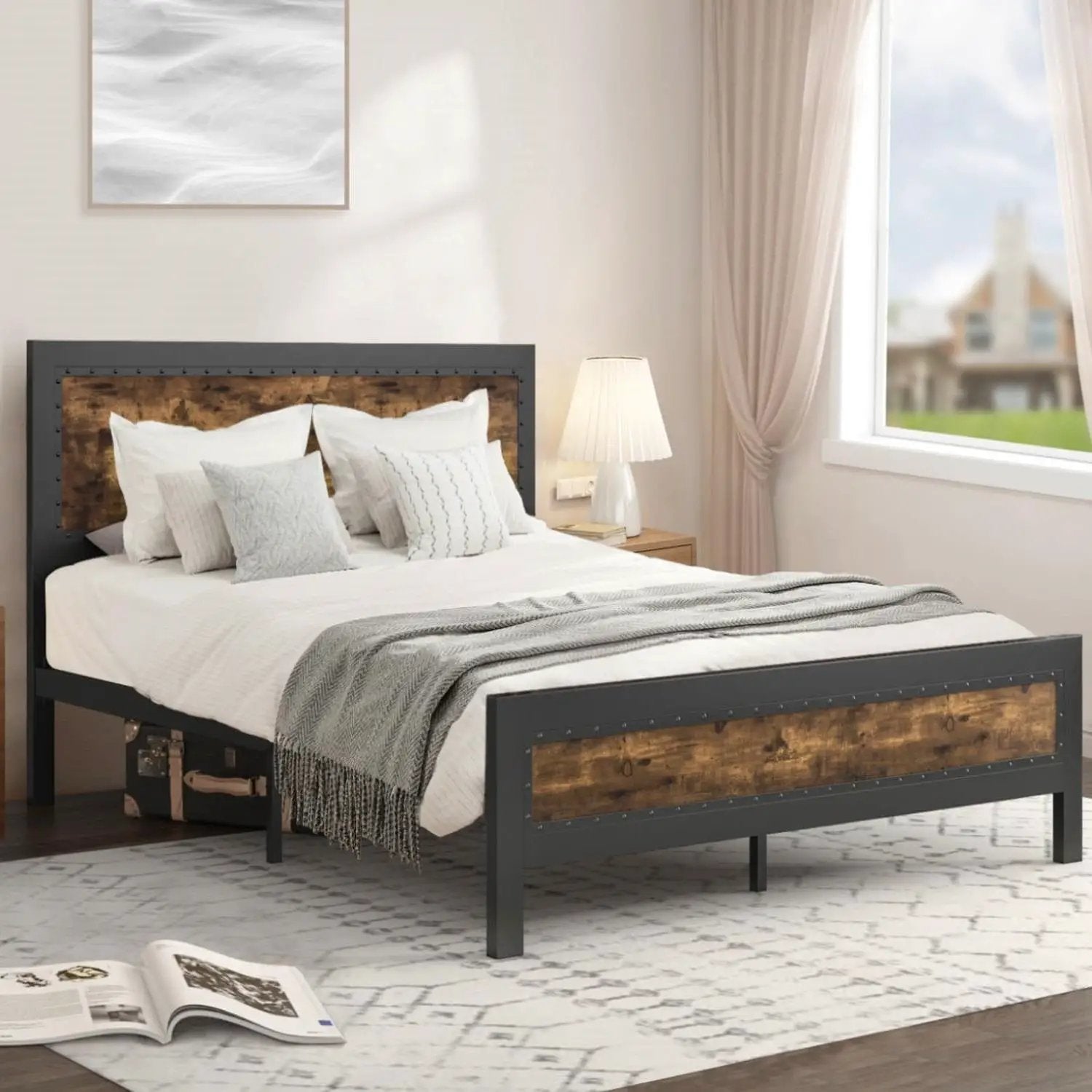 Full Industrial Rivet Platform Bed Frame with Headboard in Rustic Wood Finish by HomePacific
