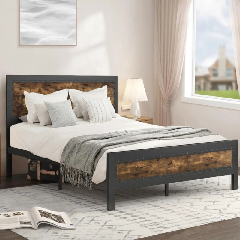 Full Industrial Rivet Platform Bed Frame with Headboard in Rustic Wood Finish by HomePacific