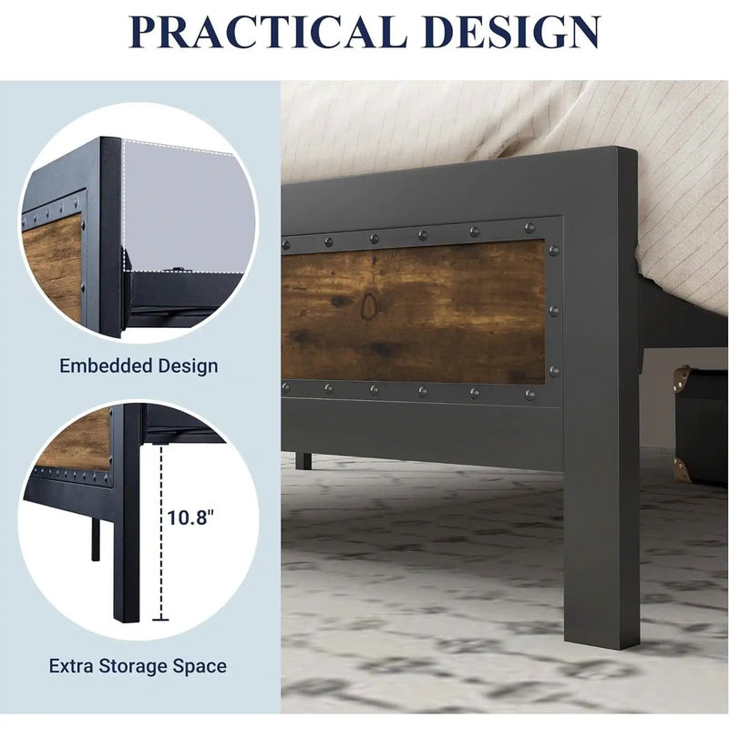 Full Industrial Rivet Platform Bed Frame with Headboard in Rustic Wood Finish by HomePacific