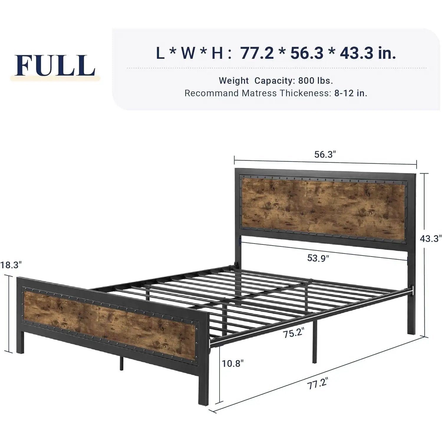 Full Industrial Rivet Platform Bed Frame with Headboard in Rustic Wood Finish by HomePacific
