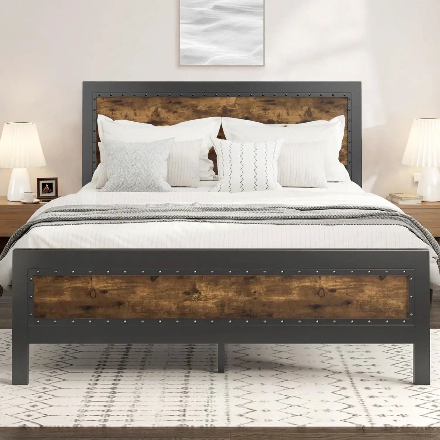 Queen Industrial Rivet Platform Bed Frame with Headboard in Rustic Wood Finish by HomePacific