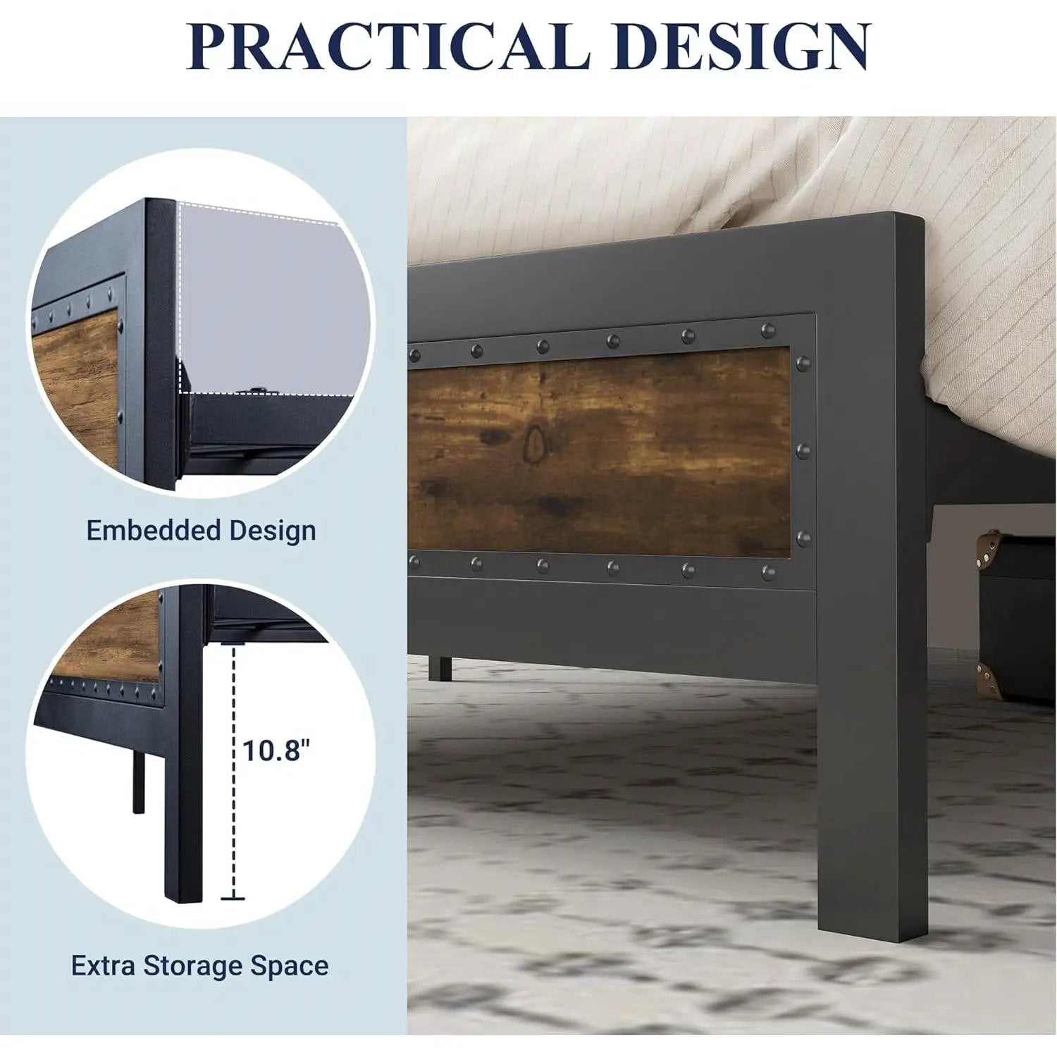 Queen Industrial Rivet Platform Bed Frame with Headboard in Rustic Wood Finish by HomePacific