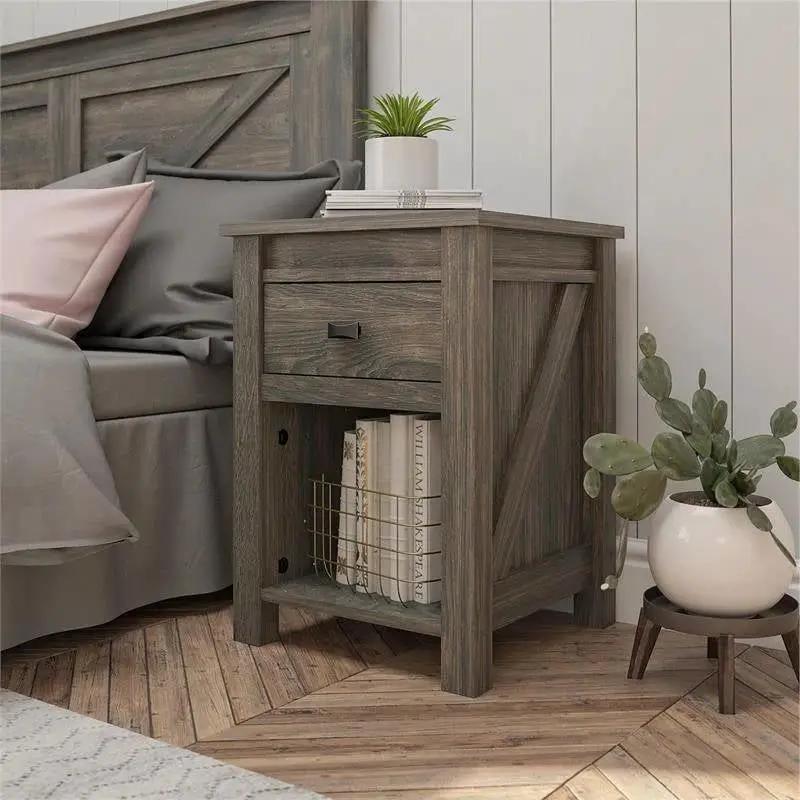 Farmhouse 1-Drawer Bedroom Nightstand with Open Shelf in Rustic Grey Oak by HomePacific
