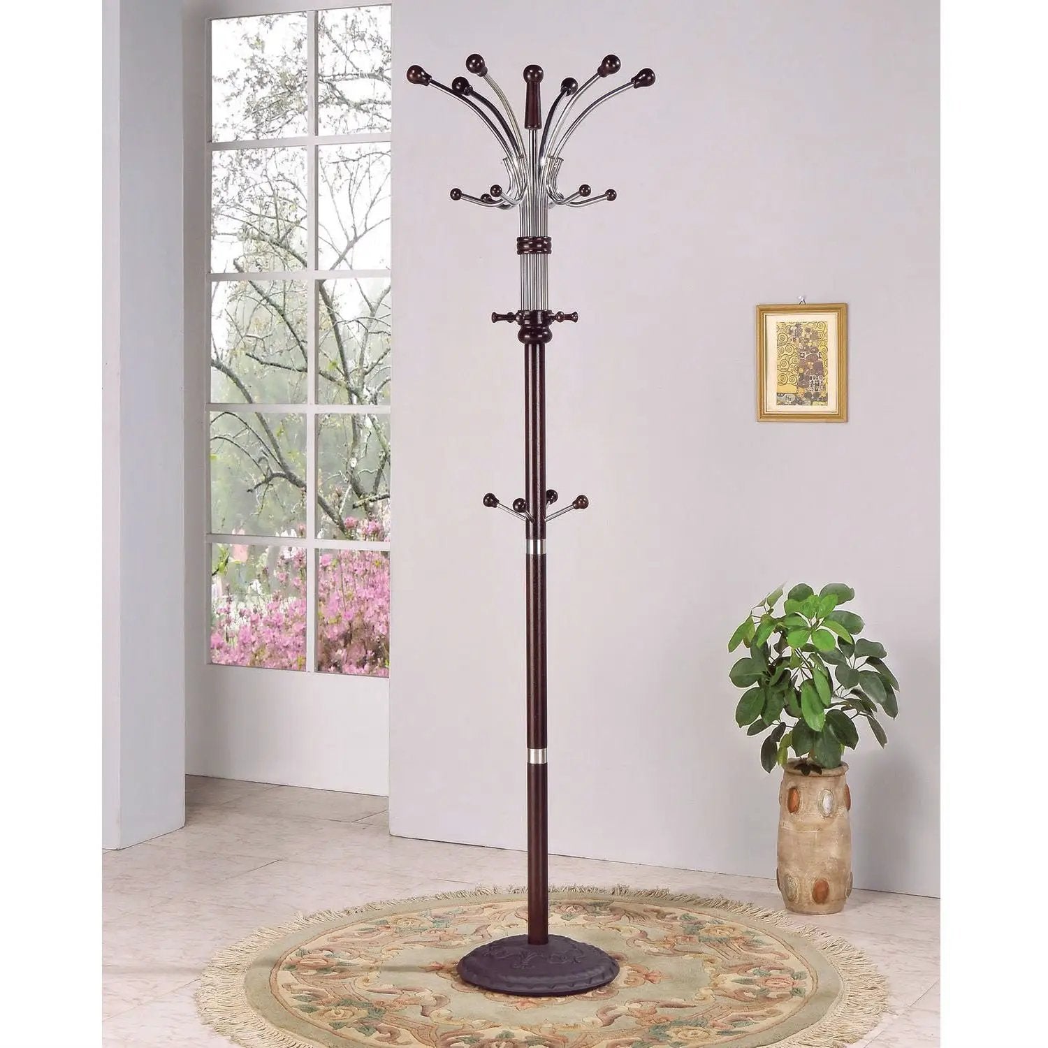 Wood and Metal Coat Rack Hat Stand with Hooks on Top and Middle by HomePacific