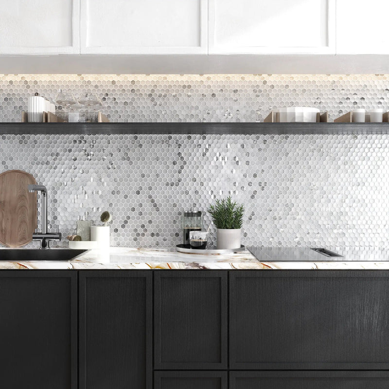 Silver 11x11 Glossy Matte Hexagon Glass Mosaic Tile (10 pack, 8.63 sq ft/case) by Apollo Tile