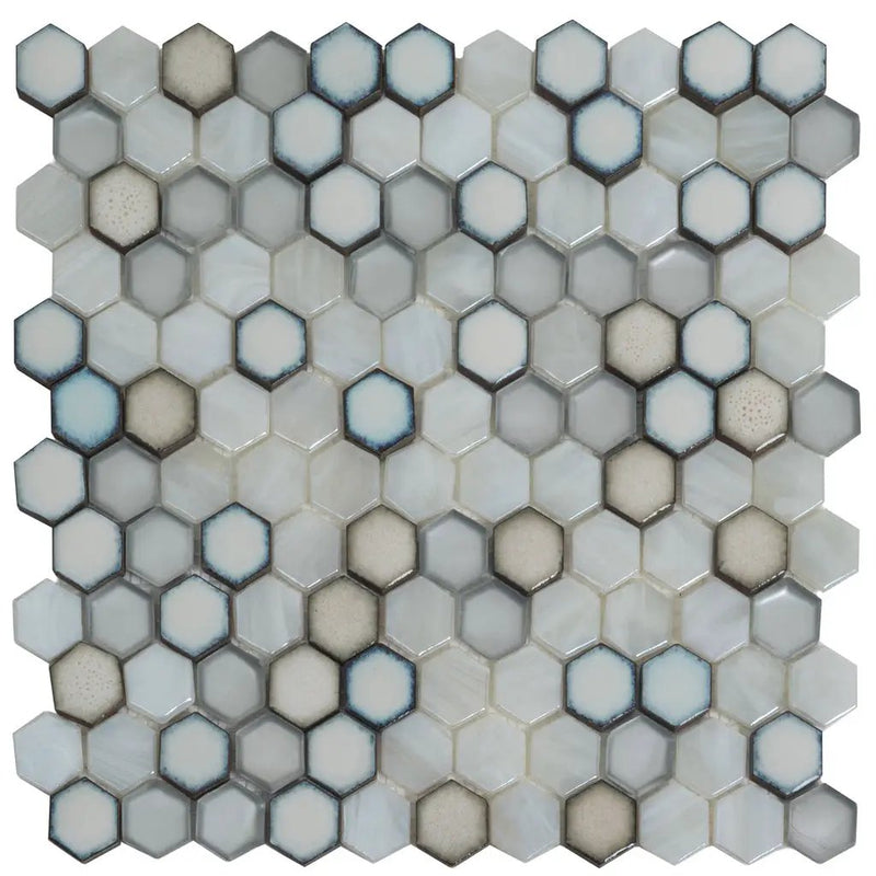 Gray White 11x11 Glossy Matte Hexagon Glass Ceramic Mosaic Tile (10 pack, 8.63 sq ft/case) by Apollo Tile