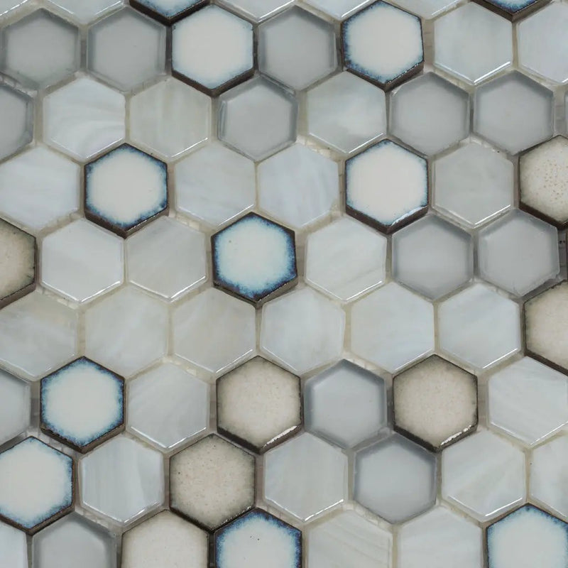 Gray White 11x11 Glossy Matte Hexagon Glass Ceramic Mosaic Tile (10 pack, 8.63 sq ft/case) by Apollo Tile