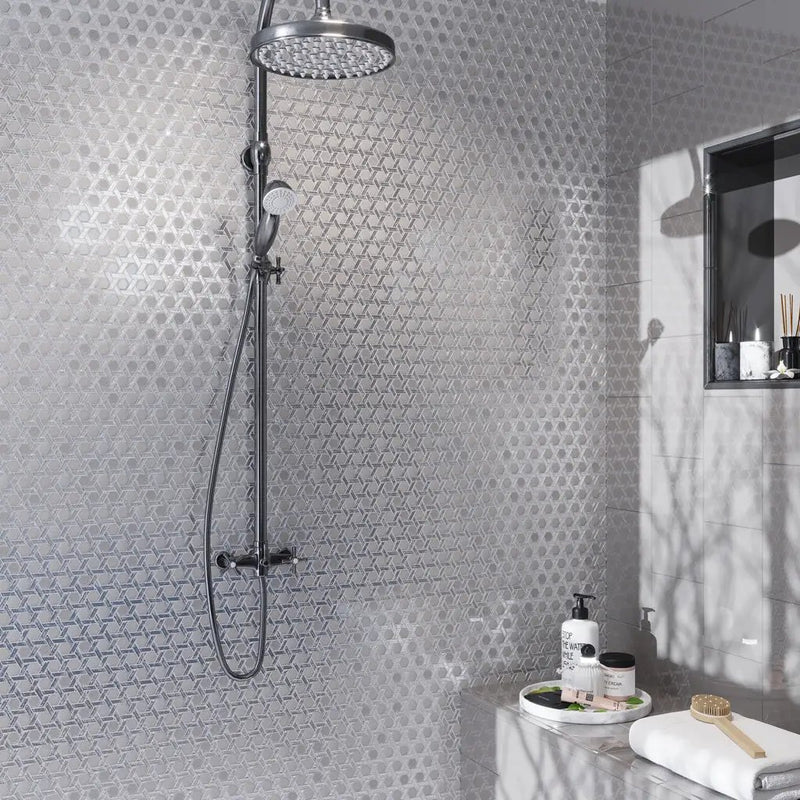Silver 12x12 Glossy Hexagon Glass Mosaic Tile (10 pack, 9.67 sq ft/case) by Apollo Tile
