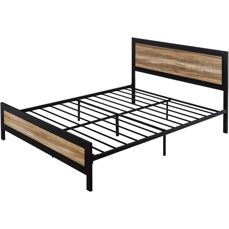 Queen Industrial Metal Wood Rivet Platform Bed Frame w/ Headboard and Footboard by HomePacific