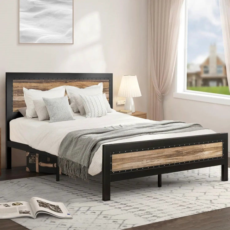 Queen Industrial Metal Wood Rivet Platform Bed Frame w/ Headboard and Footboard by HomePacific