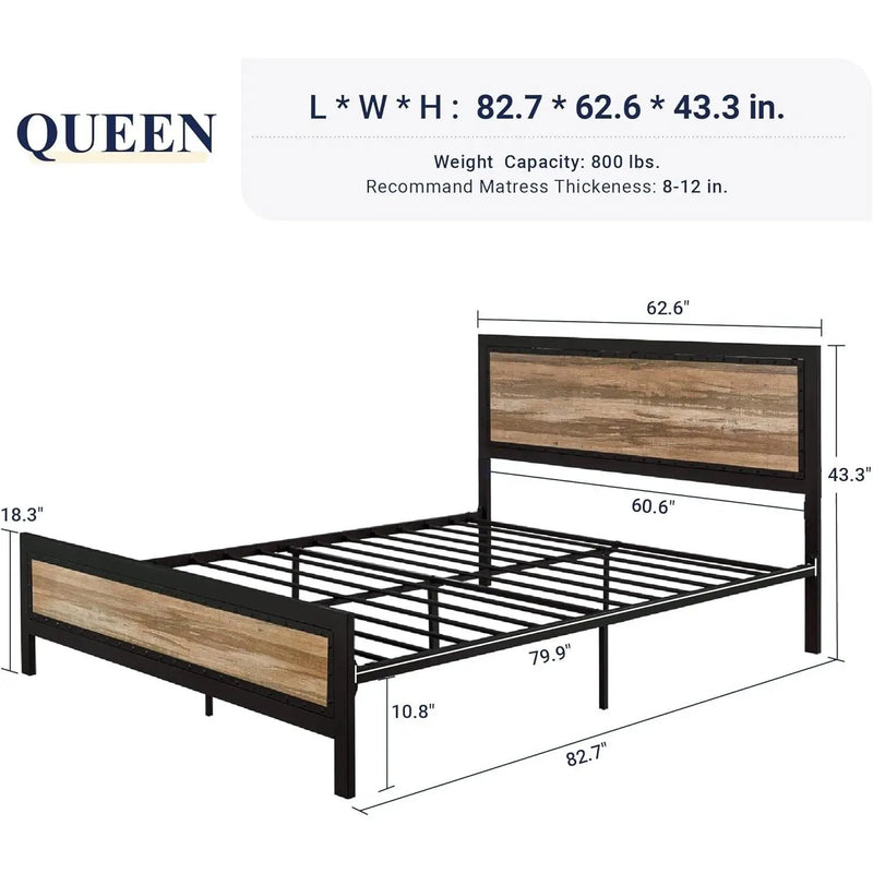 Queen Industrial Metal Wood Rivet Platform Bed Frame w/ Headboard and Footboard by HomePacific