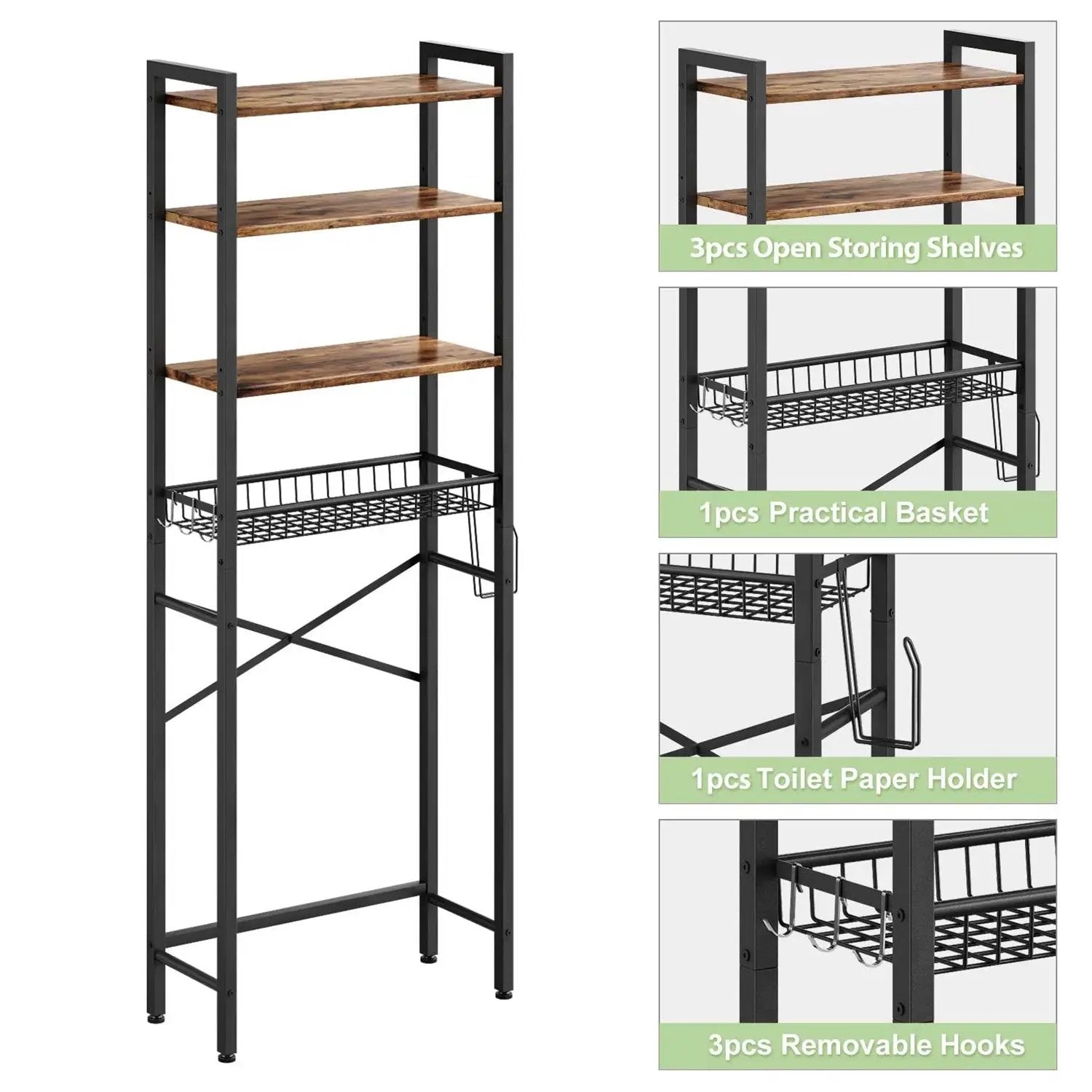 Over the Toilet Storage Freestanding Industrial Metal Wood Shelving Unit by HomePacific