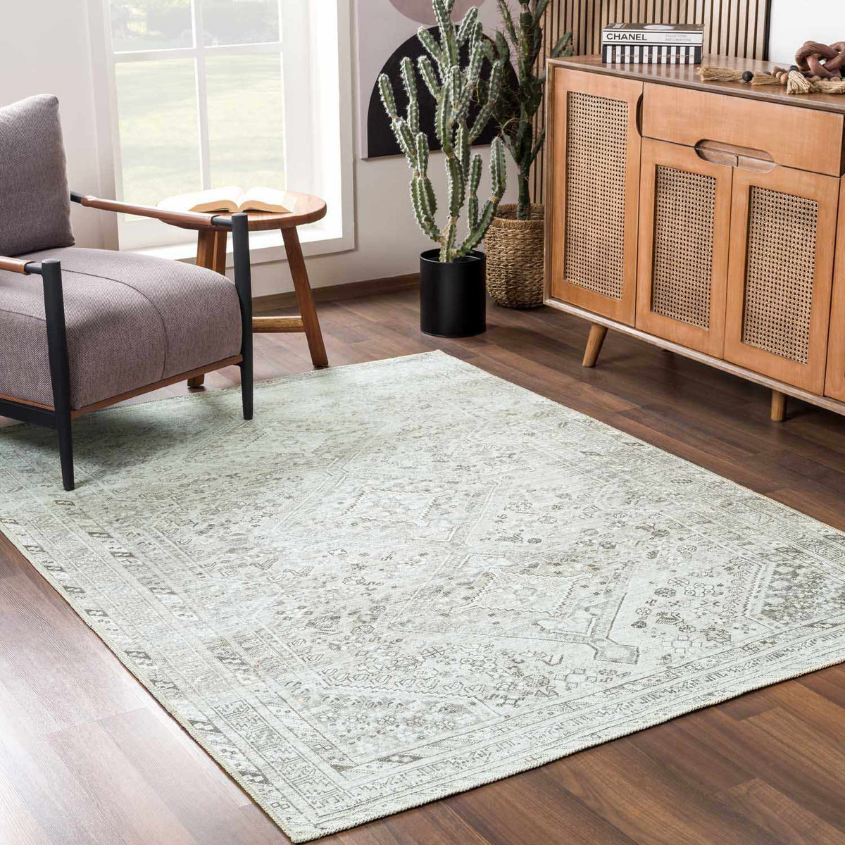 Barny Sage Flat Pile Washable Rug, installed in a room 2