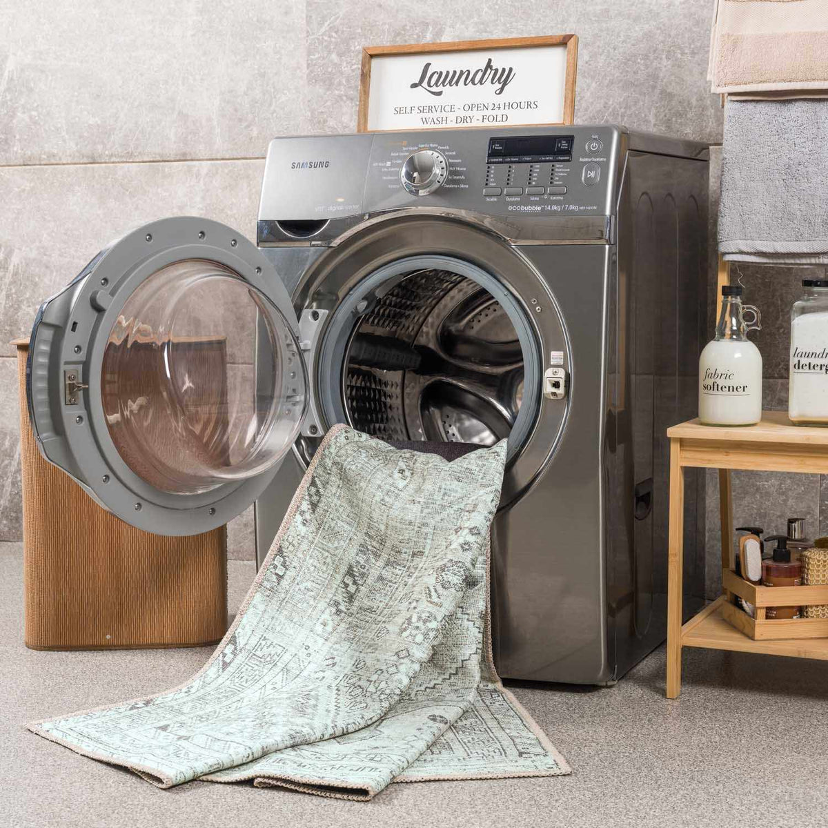 Barny Sage Flat Pile Washable Rug, installed in a room 4