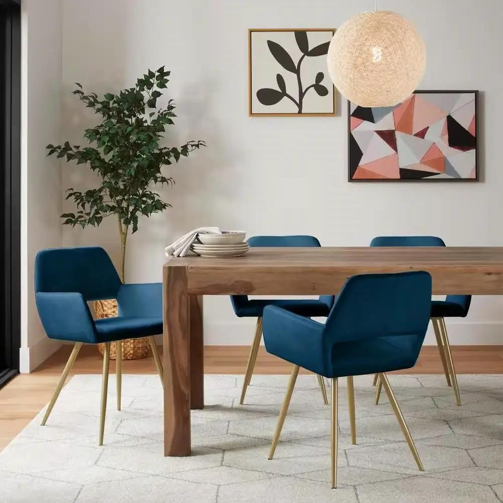 Set of 2 Modern Blue Velvet Upholstered Dining Chair with Gold Metal Legs by HomePacific