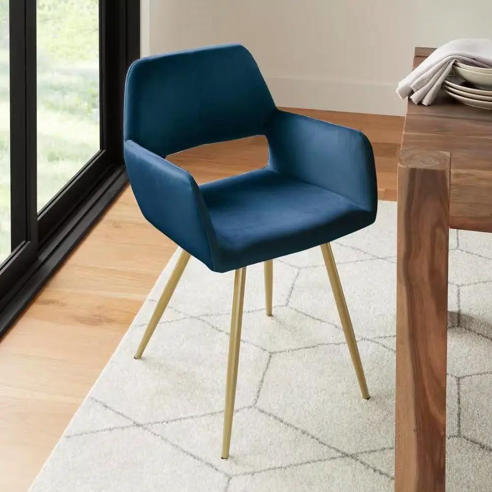 Set of 2 Modern Blue Velvet Upholstered Dining Chair with Gold Metal Legs by HomePacific