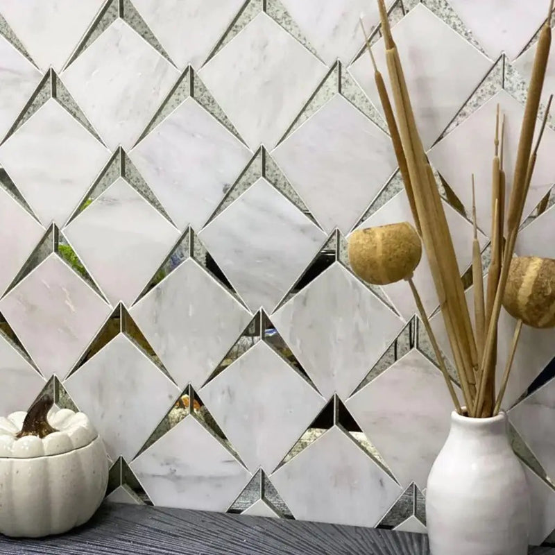 Eastern White, Glass 12x12 Polished Diamond Marble Mosaic Tile (5 pack, 5 sq ft/case) by Apollo Tile