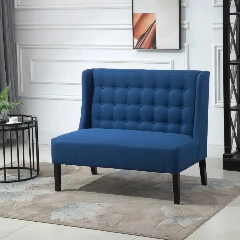 Scandinavian 2 Seater Button Tufted Loveseat Wooden Legs Blue Linen by HomePacific