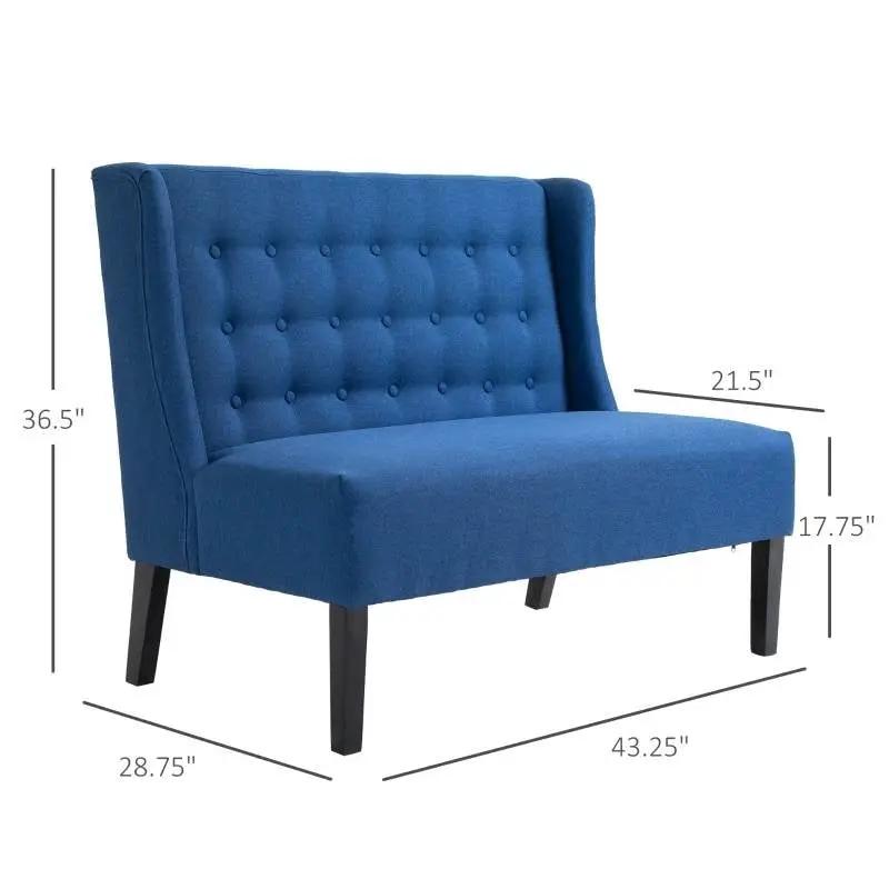 Scandinavian 2 Seater Button Tufted Loveseat Wooden Legs Blue Linen by HomePacific
