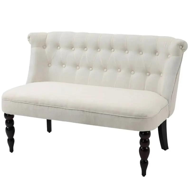 Scandinavian 2 Seater Button Tufted Loveseat Wooden Legs Cream White Linen by HomePacific