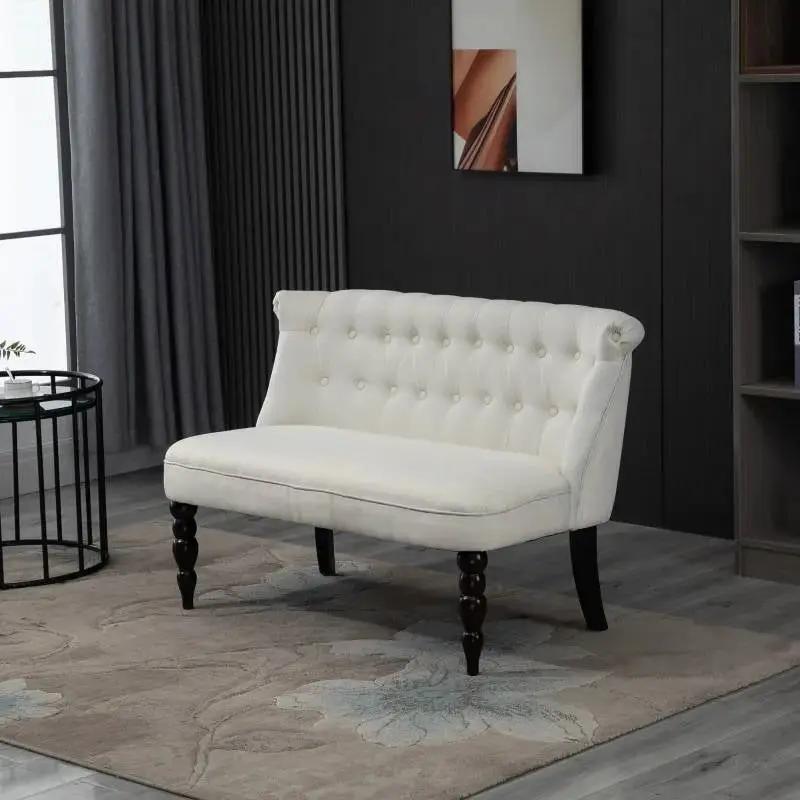 Scandinavian 2 Seater Button Tufted Loveseat Wooden Legs Cream White Linen by HomePacific