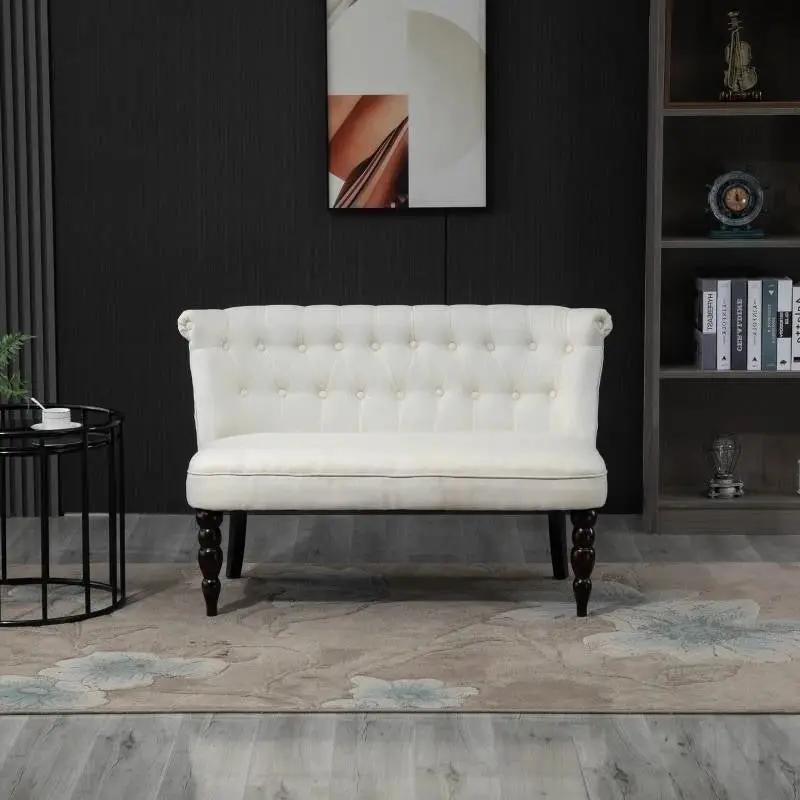 Scandinavian 2 Seater Button Tufted Loveseat Wooden Legs Cream White Linen by HomePacific