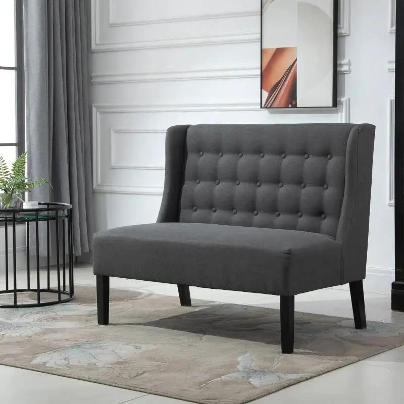 Scandinavian 2 Seater Button Tufted Loveseat Wooden Legs Gray Linen by HomePacific