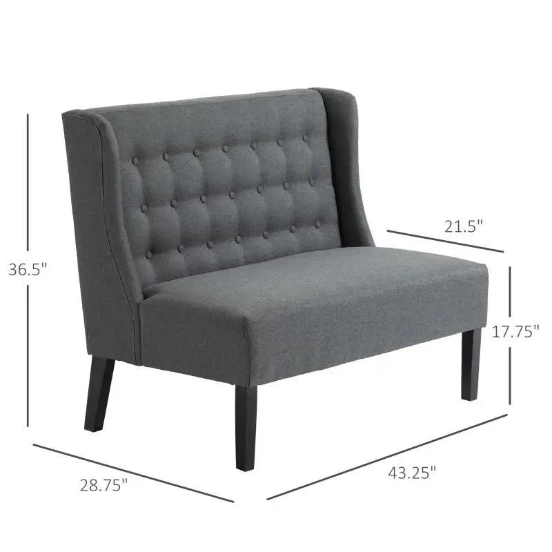 Scandinavian 2 Seater Button Tufted Loveseat Wooden Legs Gray Linen by HomePacific