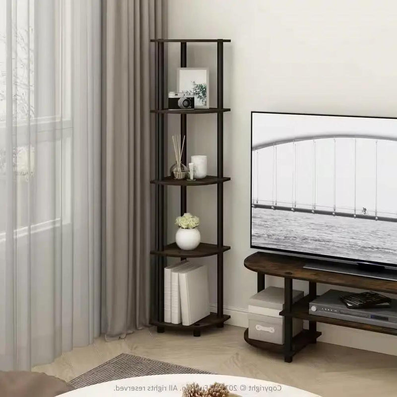 5-Shelf Modern Corner Bookcase in Black Brown Wood Finish by HomePacific