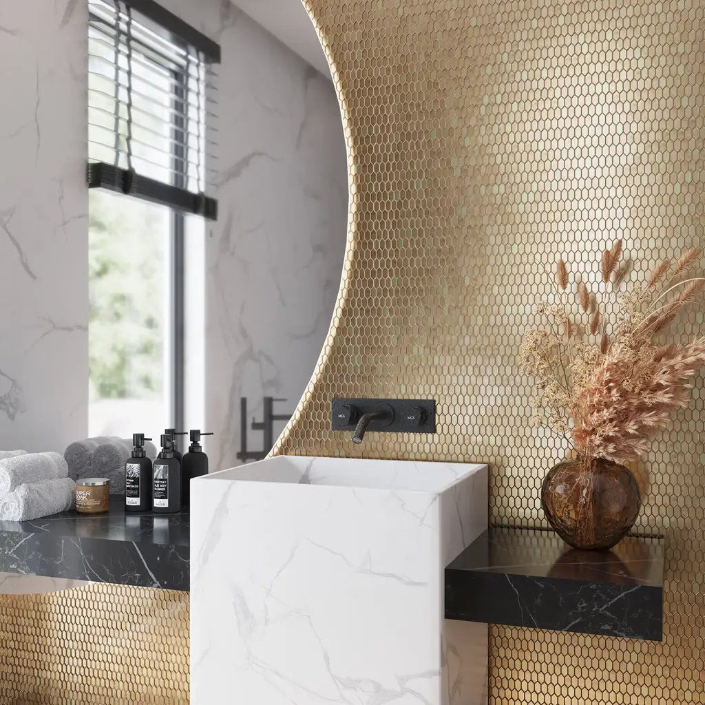 Shimmer Gold 12x12 Glossy Uniform Picket Mosaic Tile (10 pack, 9.47 sq ft/case) by Apollo Tile