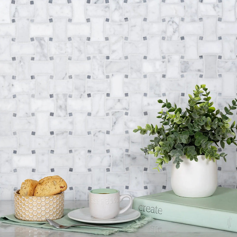 White 12x12 Polished Basketweave Bianco Carrara Bardiglio Nuvolato Marble Mosaic Tile (5 pack, 5 sq ft/case) by Apollo Tile