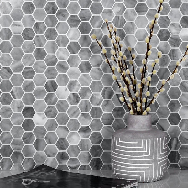 Gray 11x12 Polished Hexagon Bardiglio Nuvolato Marble Mosaic Tile (5 pack, 4.71 sq ft/case)