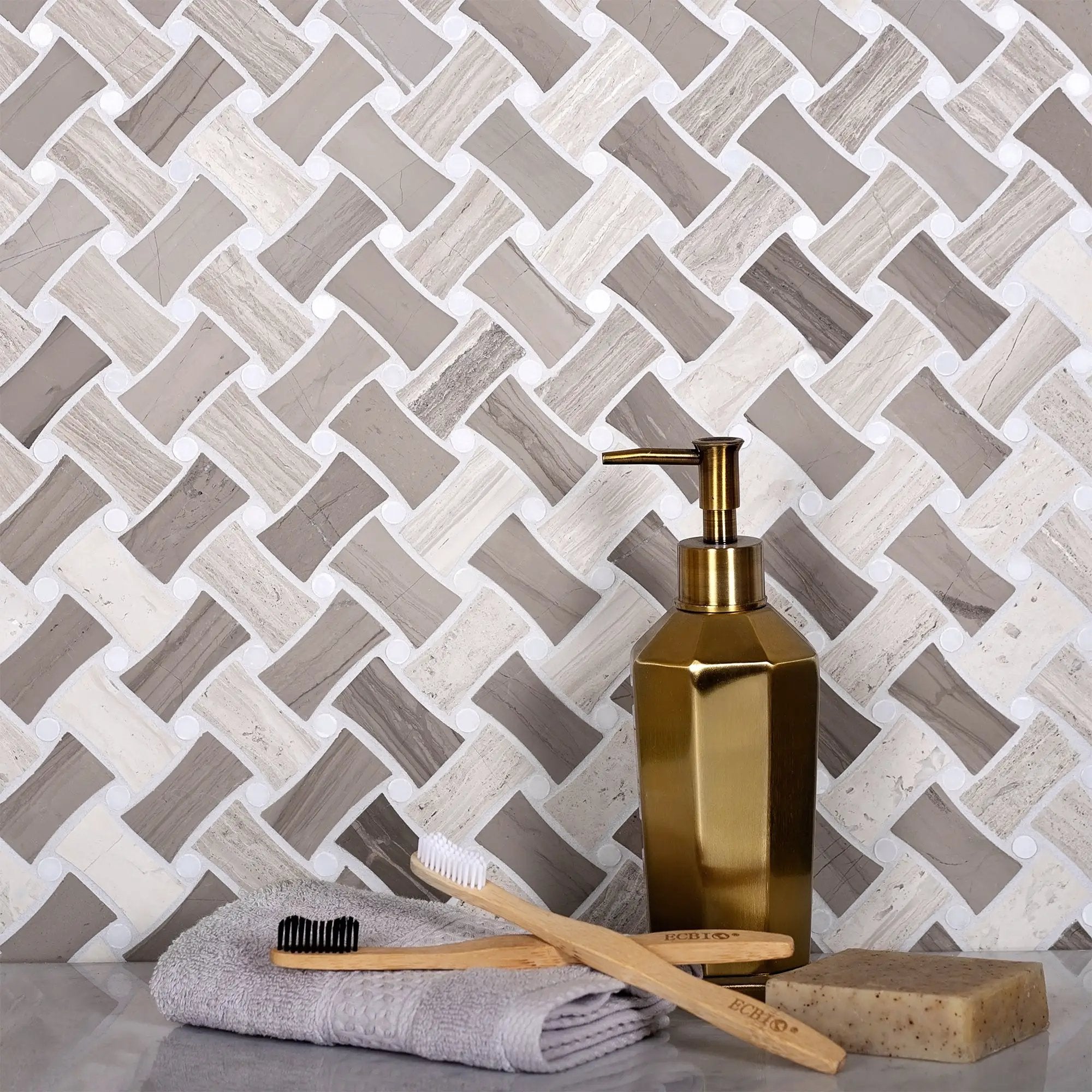 Eastern White, Wooden & Athens Grey 11x11 Polished Basketweave Marble Mosaic Tile (5 pack, 4.2 sq ft/case) by Apollo Tile