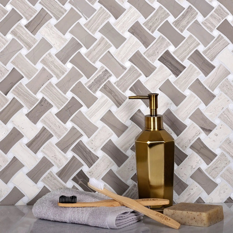 Eastern White, Wooden & Athens Grey 11x11 Polished Basketweave Marble Mosaic Tile (5 pack, 4.2 sq ft/case) by Apollo Tile