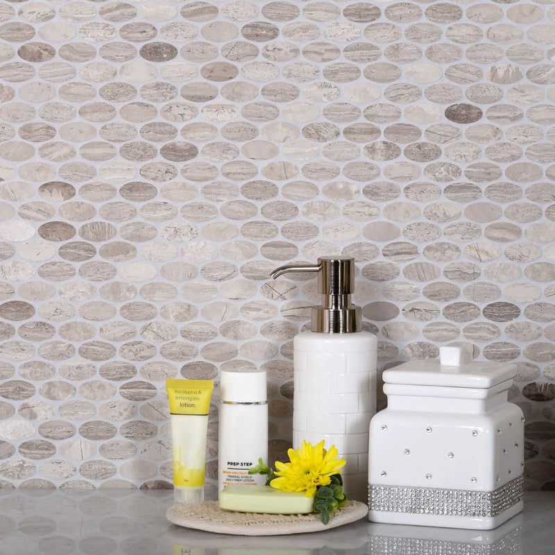 Wooden Beige 11x12 Polished Oval Marble Mosaic Tile (5 pack, 4.51 sq ft/case) by Apollo Tile