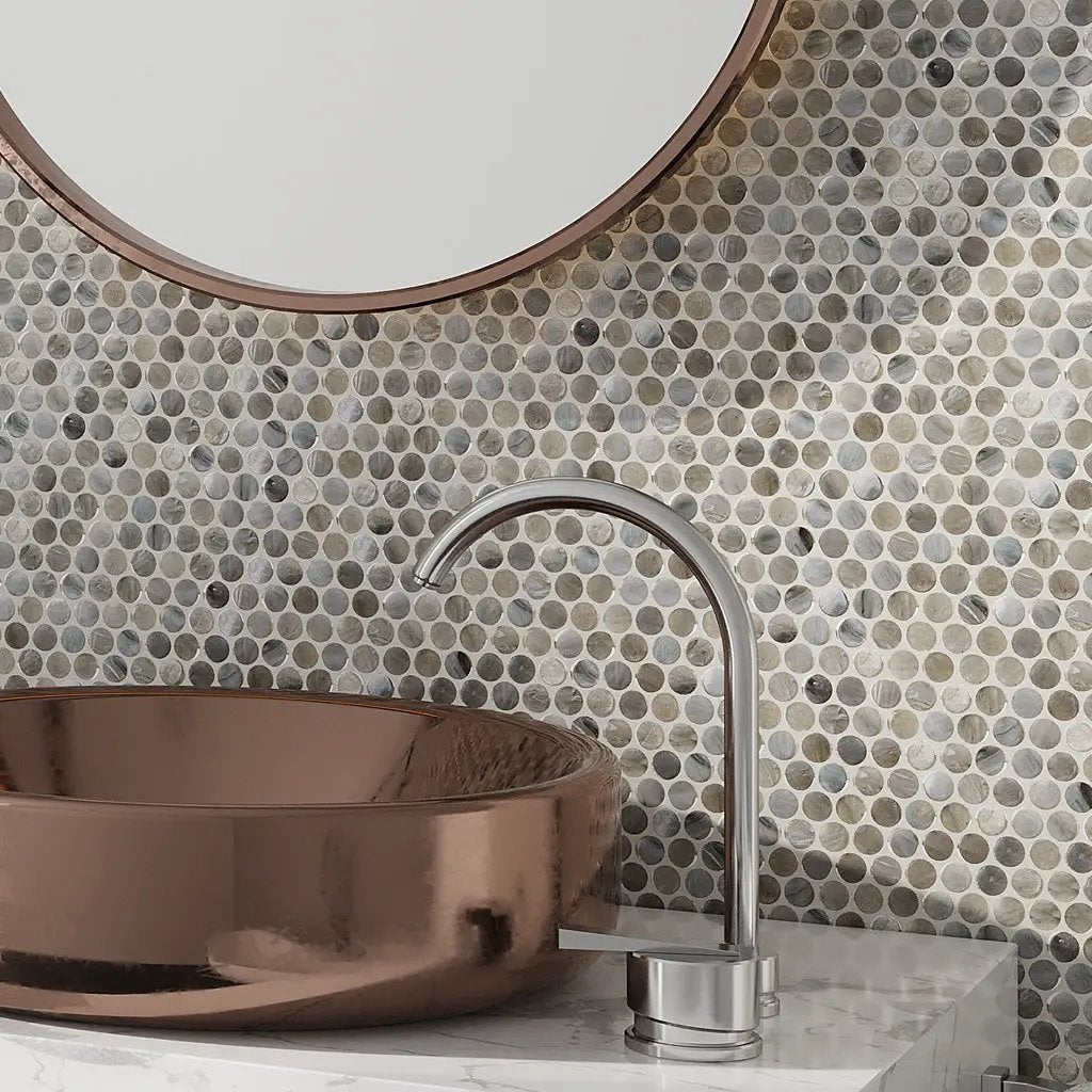Glacier Gray 12x12 Penny Round Glossy Glass Mosaic Tile (10 pack, 10.34 sq ft/case) by Apollo Tile