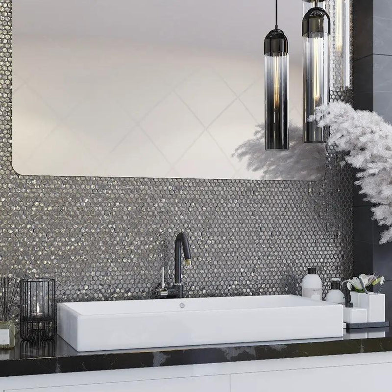 Silver 12x12 Penny Round Glossy Glass Mosaic Tile (10 pack, 10.34 sq ft/case) by Apollo Tile