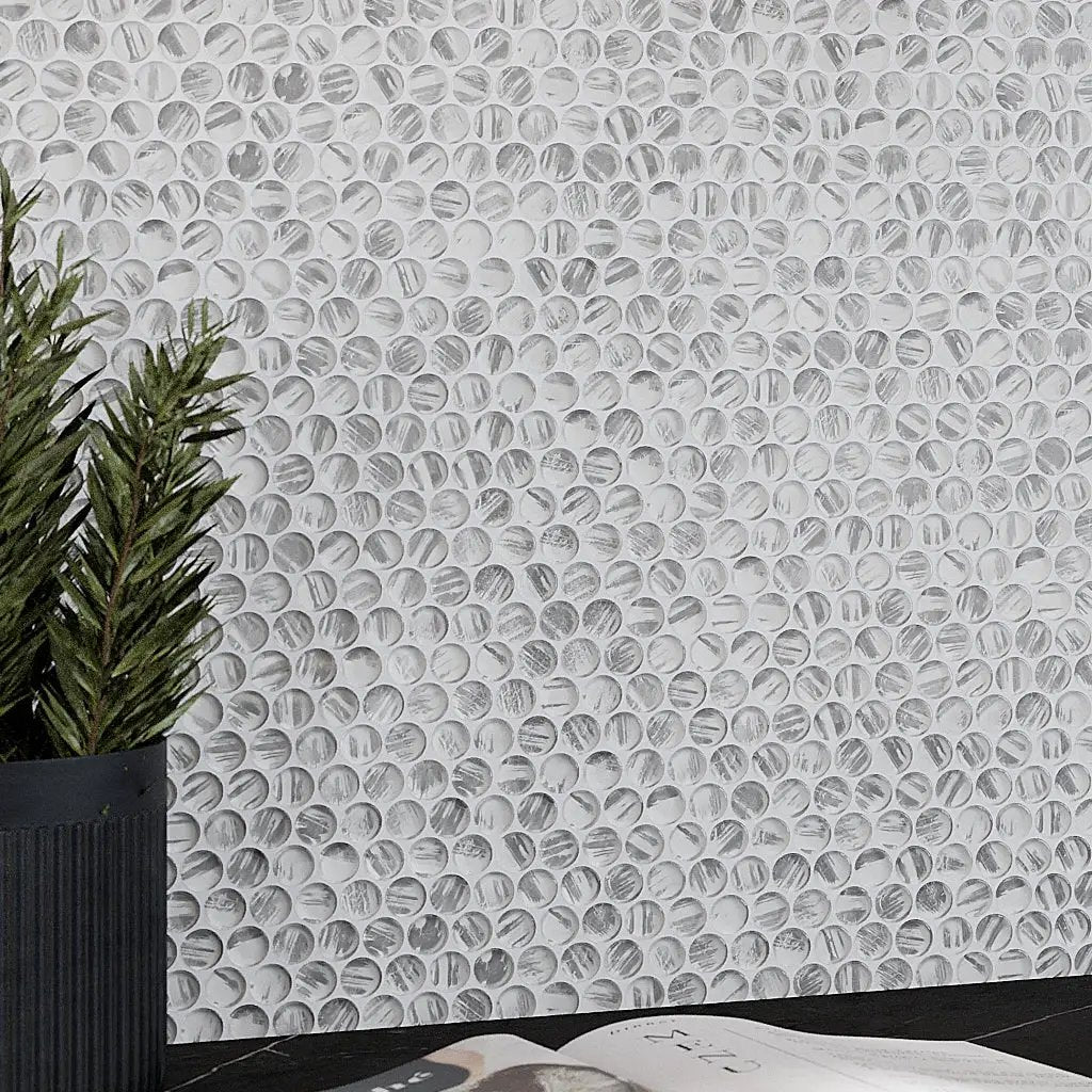 Silver 12x12 Glossy Penny Round Glass Mosaic Tile (10 pack, 10.34 sq ft/case) by Apollo Tile