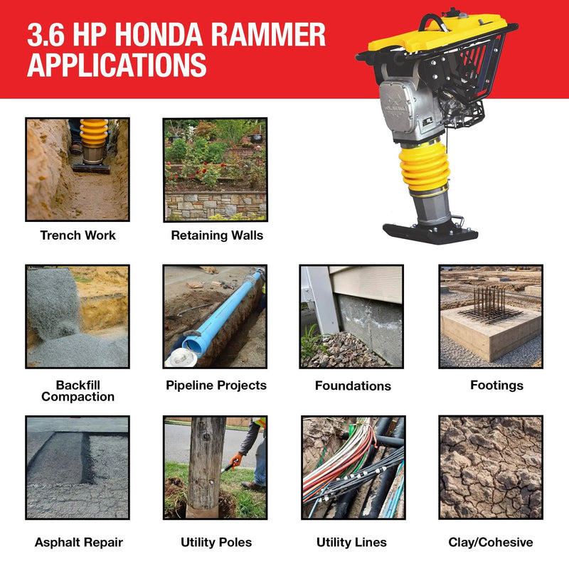 3.6HP Honda Vibratory Rammer Jumping Jack Tamper with Honda GXR120 Engine Impact Force 3,550 lbs/ft by Tomahawk Power