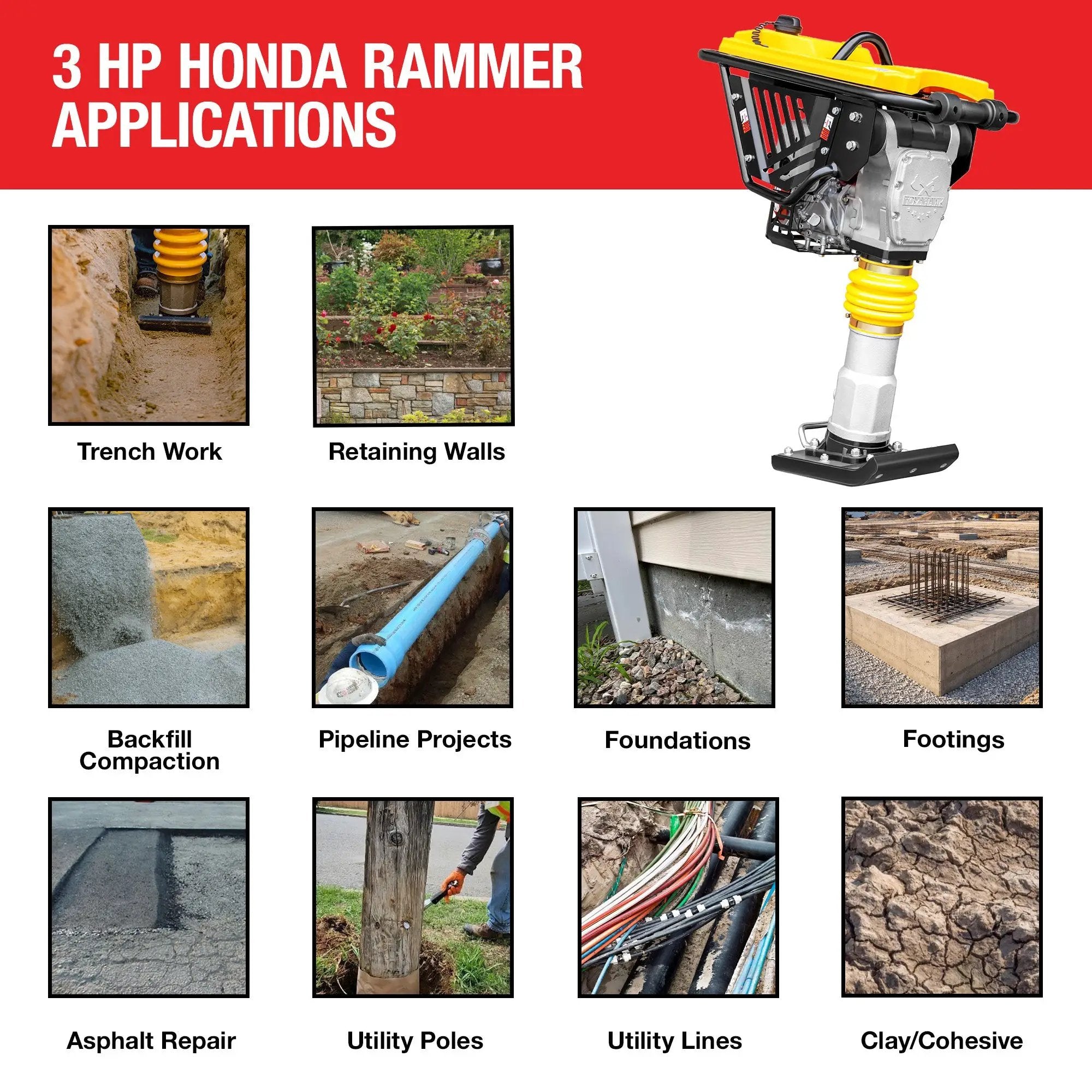 3 HP Honda Vibratory Rammer Tamper with Honda GX100 Engine 3350 lbs/ft by Tomahawk Power